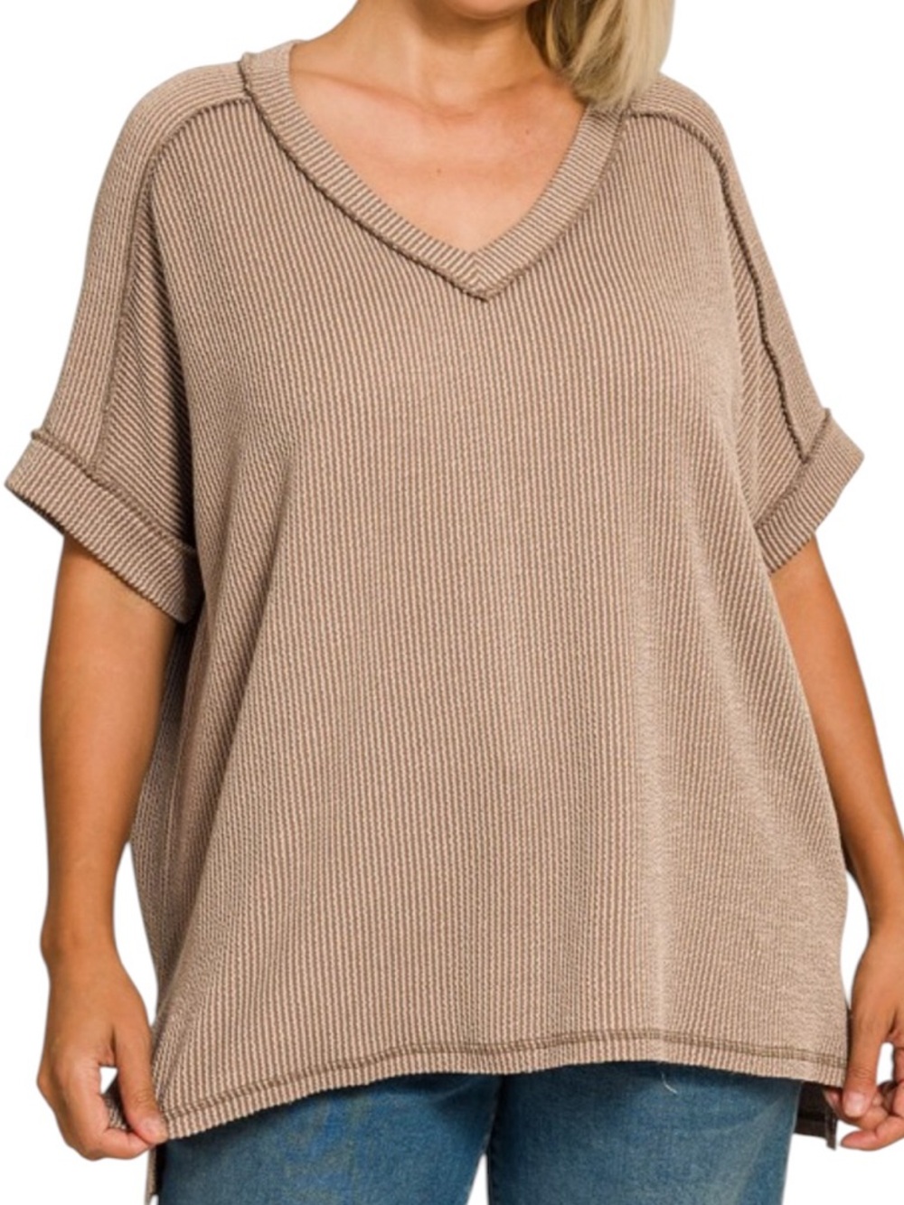 577. Plus Mocha Stretchy Ribbed V-Neck High-Low Short Sleeve Top NEW